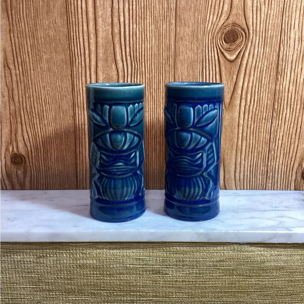 Libbey Hawaiian Deep Blue Tiki Mugs set of 2